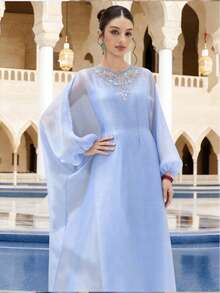 Al Najma Đầm maxi dài kiểu Thổ Nhĩ Kỳ cổ điển màu xanh nhạt dành cho nữ, áo choàng dài truyền thống Ả Rập. - Màu xanh lam - Xem 8