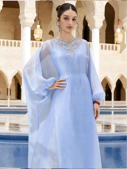Al Najma Women's Light Blue Vintage Elegant Turkish Maxi Dress, Arabic Traditional Long Robe