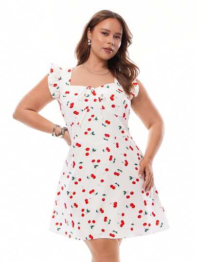 Solavibe Plus Size Women Cherry Print Front Tie Casual Mini Dress With Flutter Sleeves, Summer Outfits, Summer Clothes, Spring Outfit Women ,Spring Dress Women , Beach Vacation Outfits For Women, Going Out Outfits ,Birthday Dress, Holiday Outfits, White Dress ,Casual Dresses For Women