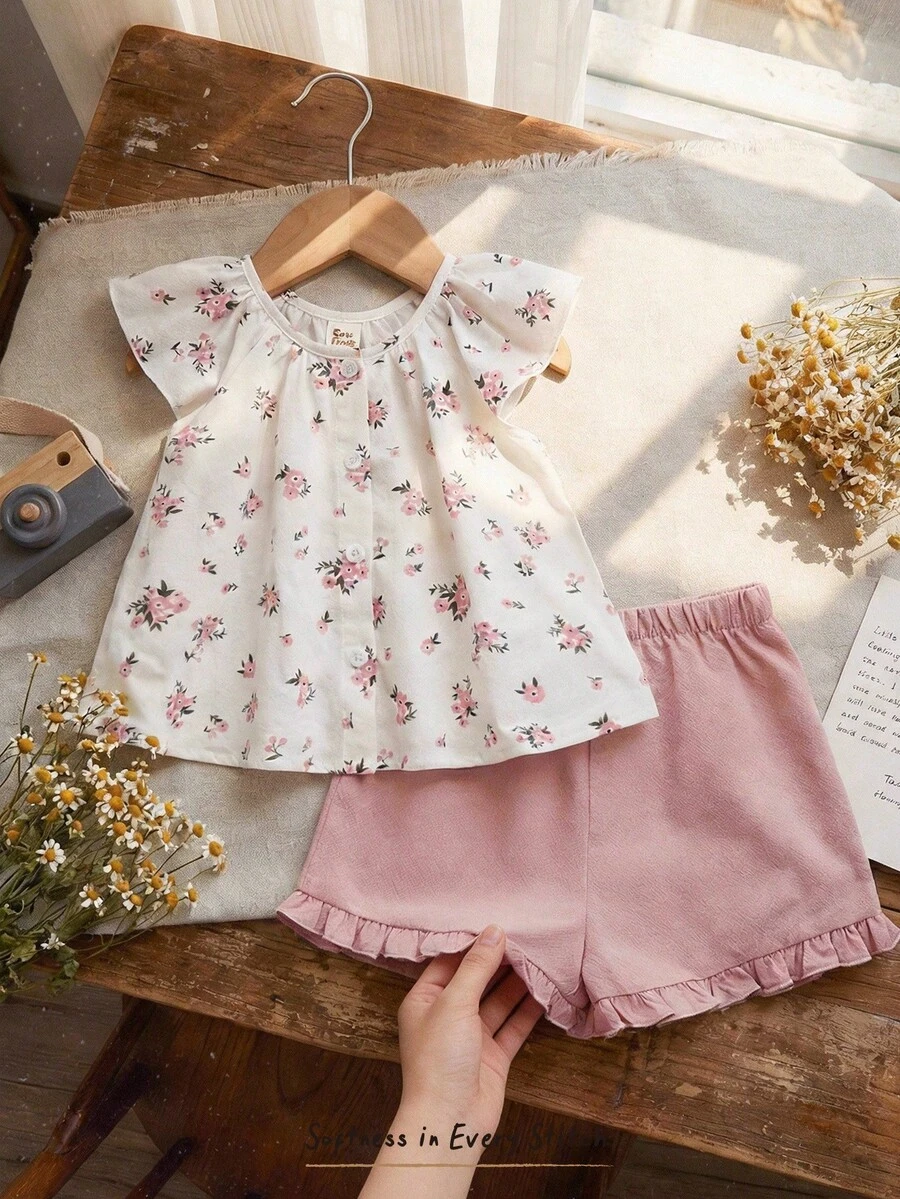 Cozy Pixies Bộ đồ 2 món cho bé gái: Áo cardigan tay ngắn in hoa và quần short cạp chun màu trơn. - Hồng - Xem 1