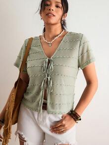 Freevana Blusa casual da donna taglie forti con maniche corte, arricciatura sul davanti e laccio frontale, in colore unito - Verde - Visualizzare 5