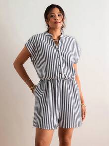 SHEIN VCAY 大码女式条纹V领蝙蝠袖短袖纽扣设计休闲连体裤 - 灰色 - 查看 4