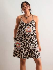Freevana Plus Size Women Floral Applique & Leopard Print Pocketed Casual Jumpsuit - Khaki - View 4