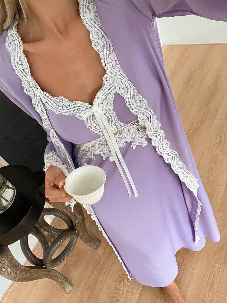 Women's Romantic Contrast Color Lace Patchwork Sleepwear Set - Robe & Slip Dress
