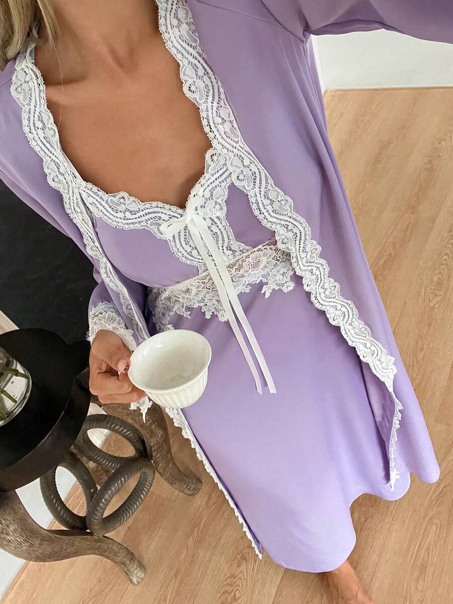 DAZY Women's Romantic Contrast Color Lace Patchwork Sleepwear Set - Robe & Slip Dress Pajamas - Purple - View 1