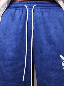 PLAYBOY X SUMWON Celana Pendek Basket Jersey Logo Kelinci dengan Pinggang Elastis Bertali dan Detail Garis Samping untuk Pakaian Kasual Musim Panas - Biru - View 6