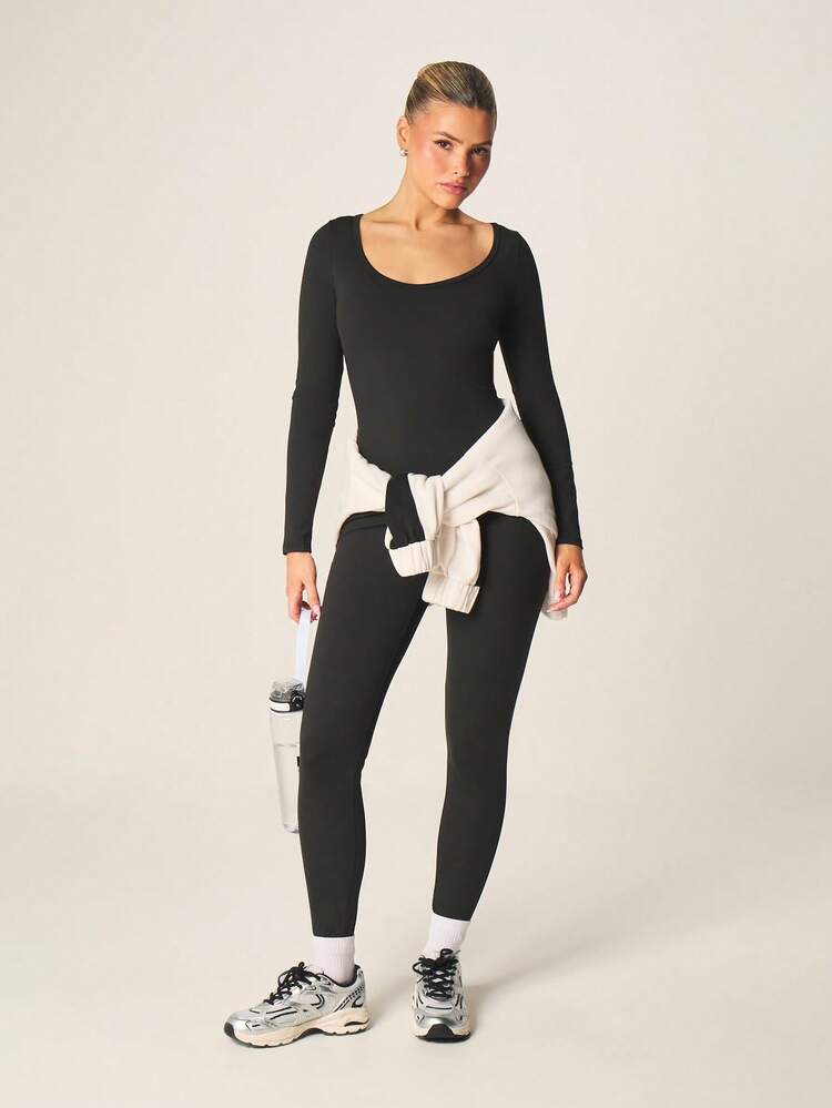 MISSGUIDED Long Sleeve Scoop Neck Full Body Unitard Bodysuit For Layering And Casual Wear