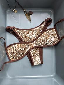 Swim Vcay 时尚分体式比基尼套装，抽绳设计，适合春夏穿着 - 棕色 - 查看 3