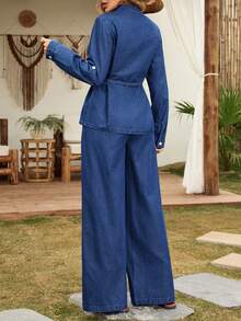 EMERY ROSE Loose Casual Women Rolled Sleeve Button Half Placket Denim Top And Wide Leg Denim Pants Set - Dark Wash - View 2