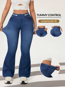 Flexra Women's Elastic Waist Pocket Casual Flare Leg Jeans - Dark Wash - View 1