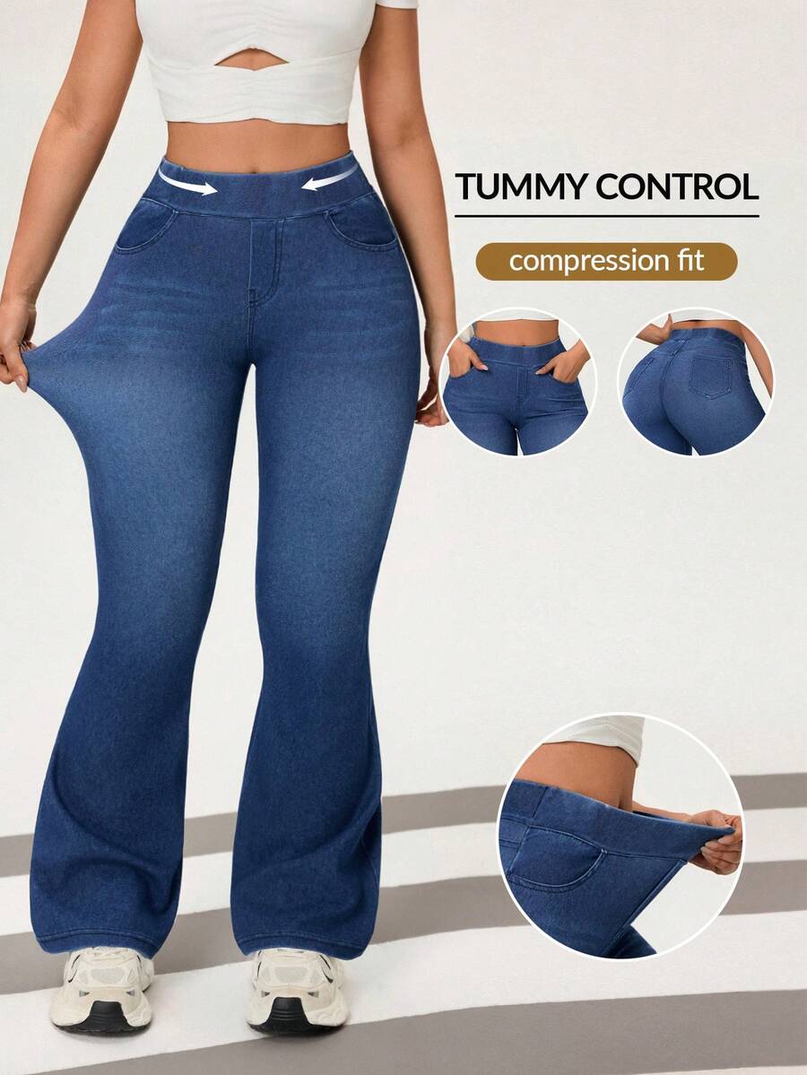 Flexra Women's Elastic Waist Pocket Casual Flare Leg Jeans - Dark Wash - View 1