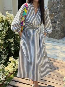 Livesso Frühlings- und Sommer-Gestreiftes Farbblock Boho-Stil Casual Urlaubs-Strand Elegantes Pendler-Lässiges Kleid mit Bindegürtel, Langarm Midi-Kleid für Damen Sommerkleid - Grau - Übersicht 8