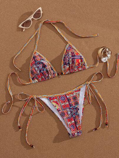 Swim Vcay Women's Summer Beach Elegant Casual Vintage Bohemian Geometric Cashew Flower Contrast Color Block Patchwork Print Halter Beaded Bikini Top + Star Pendant Beaded Side Tie Bikini Bottom Set, Two Pieces Swimsuit, Slimming Outdoor Beach Swimwear, Suitable For Spring Break, Autumn Back To School Season, Oktoberfest, Music Festival, Holiday, Spring Promotion, Beach Vacation