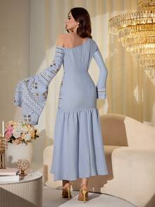 Modelyn Áo choàng Abaya truyền thống kiểu Trung Đông Ả Rập, vai lệch, đính cườm và thêu ghép mảnh màu xanh nhạt, kiểu dáng bất đối xứng. - Màu xanh lam - Xem 7