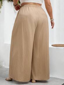 SHEIN CURVE+ Curve 尺码 US22 音乐节、海滨度假、波西米亚风女士纯色宽松长裤，休闲舒适 - 杏色 - 查看 2