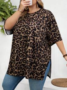 SHEIN CURVE+ Curve 尺码 US22 音乐节、海滨度假、波西米亚宽松豹纹圆领短袖T恤 - 彩色 - 查看 3