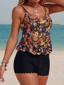 2026Swim Lushoire Ensemble 2 pièces, Top de bikini camisole ample et élégant noir vintage avec motif cachemire contrasté par une bordure orange vif, Bas culotte avec bordure vive. Hauts d'été pour femmes en vacances. Maillot de bain Tankini avec contrôle du ventre, style bohème - Multicolore - Voir 3
