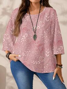EMERY ROSE Plus Size Women Floral Print Loose Fit Casual Vacation Shirt, Full-Width Print Round Neck 3/4 Sleeve - Multicolor - View 7