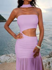 Opulessa Đầm dệt kim màu trơn, thiết kế khoét eo, xẻ tà, ôm sát cơ thể dành cho nữ. - Màu tím  Violet - Xem 6