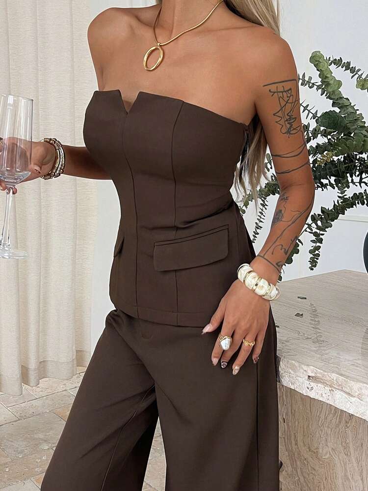 Women's Elegant Brown Strapless V-Neck Top And Casual Pants 2 Pieces Set, Suitable For Formal Parties And Events