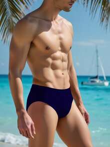 ZELFYO Men's Solid Color Simple Beach Swim Briefs, Summer, Holiday - Navy Blue - View 4
