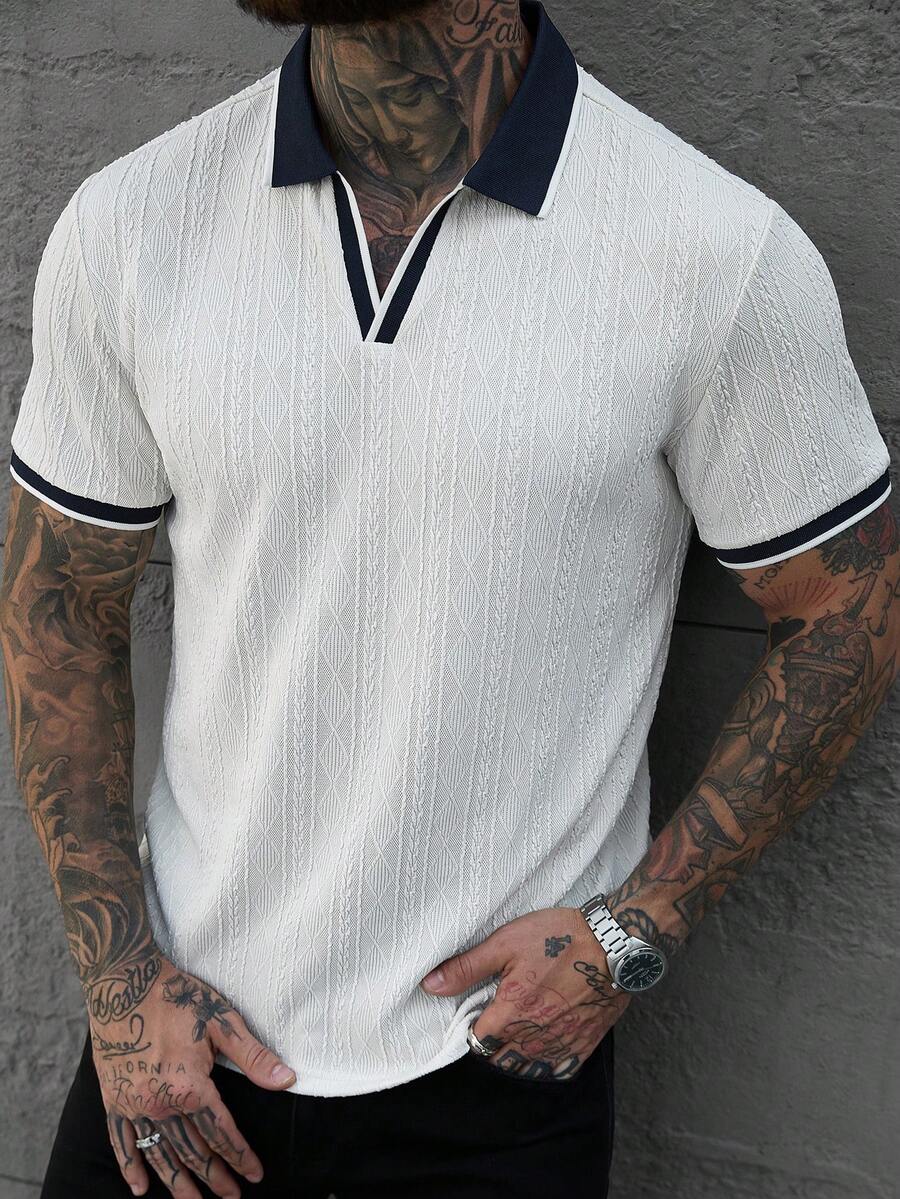Manfinity CasualCool 男士休闲通勤纹理饰边领 Polo 衫，夏季 - 白色 - 查看 1