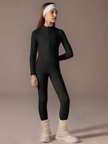 Tween Girls Black Half-Zip Jumpsuit, Long Sleeve With Long Pants, High Stretch Fitted Turtleneck Jumpsuit - Black - View 4