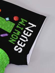 一套男童休闲像素风绿黑拼接数字“67”及字母印花短袖T恤和短裤套装，男童夏季服装 - 彩色 - 查看 6