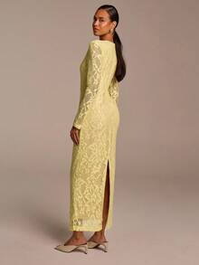 COSMINA Women's Elegant Deep V-Neck Long Sleeve Lace Waist Cinched Dress, Suitable For Vacation, Commute, Office, Outing, Date, Valentine's Day, Evening Party, Wedding Season - Yellow - View 2