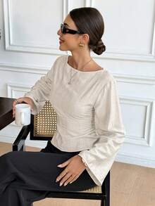 Serisse Women's Elegant Long Sleeve Blouse – Minimalist Boat Neck Cinched Waist Top Women's Boat Neck Dropped Shoulder Long Sleeve Ruched Waist Fashion Blouse,Summer ,Spring,Valentine's Day,Party,Wedding,Ceremony,Elegant ,Vacation,Casual, Formal, - Apricot - View 6