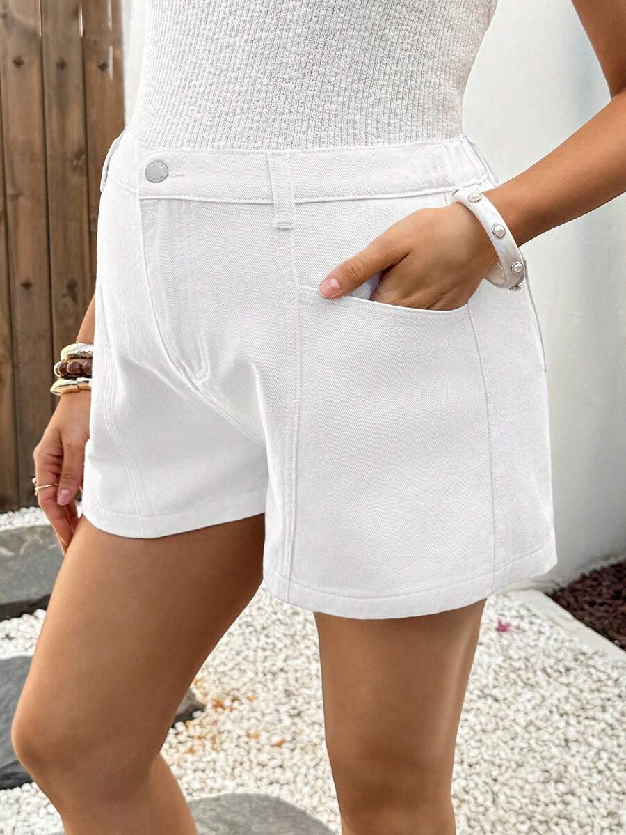 SHEIN Pregnant Women's Casual Versatile Everyday Denim Shorts With Pockets And Buttons - White - View 1