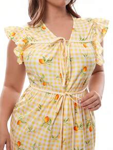 Solavibe 大码女式休闲度假短袖系带A字印花连衣裙，春夏款 - 黃色 - 查看 8