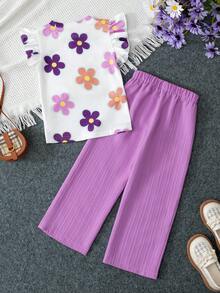 SHEIN 2件套女童休闲T恤和裤子套装 - 彩色 - 查看 2