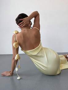 Firerie 女士优雅简约精致浪漫性感端庄宴会假日派对约会婚礼宾客生日派对度假深V露背3D印花奶油黄连衣裙 - 淡黃色 - 查看 11