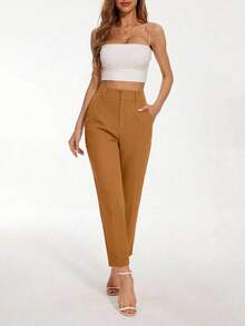 EURMUSE Women's Solid Color Simple Daily Suit Pants  - Camel - View 3