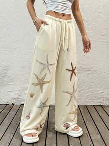SHEIN EZwear Summer Women's Drawstring Waist Pocket Starfish Print Loose Wide Leg Sweatpants,  Beach Pants For Women Vacation Pants - Multicolor - View 5