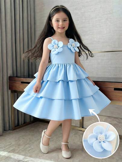 1件装少女法式蓝色吊带蛋糕裙，适合家庭聚会及各种正式或半正式场合。