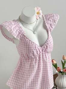 Elamini Áo kiểu nữ tay ngắn, cổ chữ V, eo nhún, họa tiết kẻ caro xanh trắng, thích hợp mặc mùa hè. - Nhiều màu - Xem 8