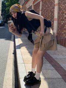 DAZY Damen einfarbige, locker sitzende Cargo-Stil Shorts mit Gürtelschlaufen für Frühling und Sommer - Khaki - Übersicht 4