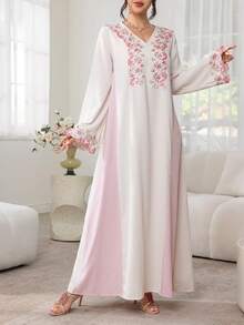 Al Najma V领刺绣花卉蕾丝拼接撞色长袖喇叭裙摆时尚优雅派对花卉连衣裙 - 彩色 - 查看 11