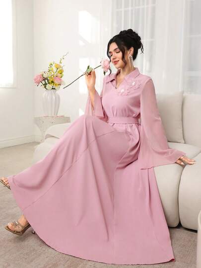 SHEIN Najma Spring/Summer Fashion Beaded 3D Floral Collar V-Neck Chiffon Patchwork Elegant Jalabiya Dress