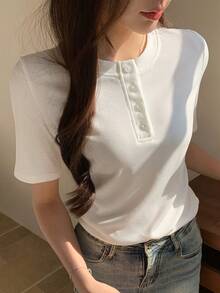 DAZY Solid Color Casual Half-Placket Fitted Short Sleeve Commuter Short Sleeve T-Shirt, Spring/Summer - White - View 8