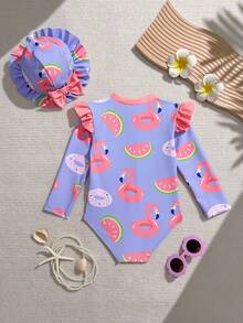 Toddler Girl High Neck Long Sleeve One Piece Swimsuit With Ruffles And Cartoon Print Tropical Baby Girl Bathing Suit Toddler Girl Flamingo Watermelon Swimsuit Watermelon Baby Swimsuit Baby Girl Long Sleeve Swimsuit - Multicolor - View 2