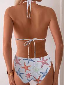 SHEIN Swim 女士性感露背系带海星印花比基尼套装，海滩度假风 - 彩色 - 查看 2