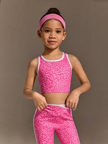 SHEIN 女童粉色豹纹背心和裤子套装，高弹面料 - 粉色 - 查看 10