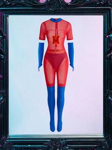 Fantasy Costume Fantasy Costume 三件套超级英雄服装：撞色网纱连体衣+内衣+手套，女士派对/音乐节/夜店角色扮演服装 - 紅色 - 查看 6