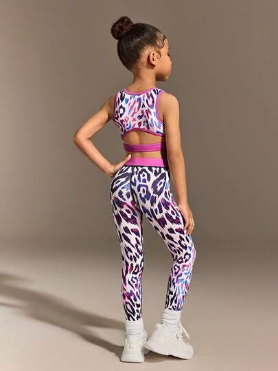 SHEIN 时尚豹纹多色运动套装，专为年轻女孩设计，采用高弹紧身面料，背部镂空设计，适合健身、骑行、慢跑、运动以及室内外休闲穿着。