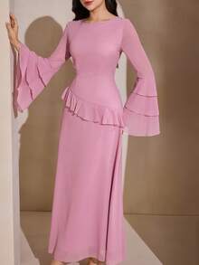 Graceveil 女士多层荷叶边下摆长袖腰部喇叭形阿拉伯风格连衣裙 - 粉色 - 查看 6