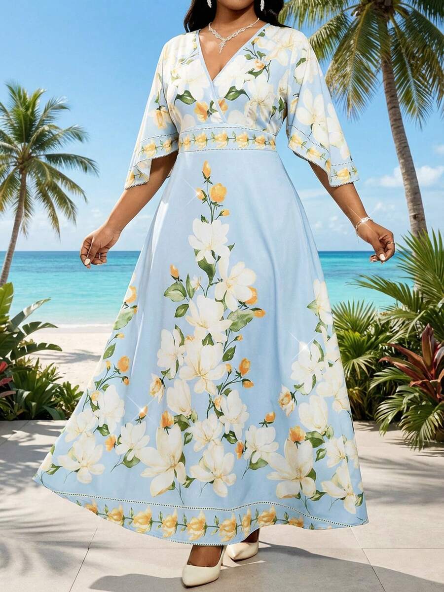 SHEIN Lady 大码优雅印花裹身连衣裙，夏季 - 彩色 - 查看 1