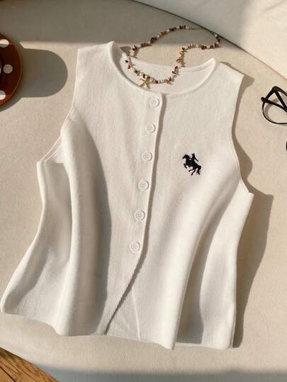 SHEIN EZwear 女士白色前扣刺绣圆领休闲针织背心